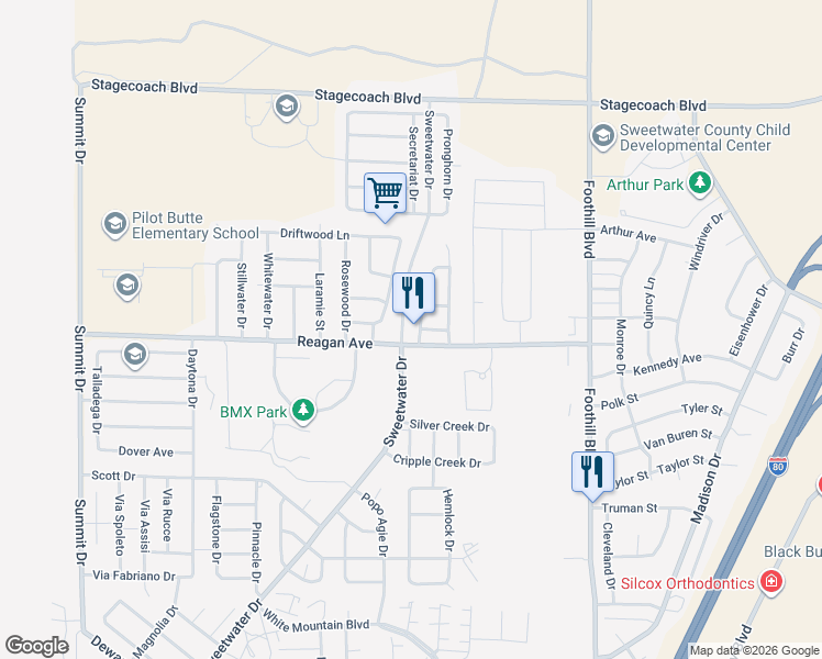 map of restaurants, bars, coffee shops, grocery stores, and more near 2522 Crestwood Lane in Rock Springs
