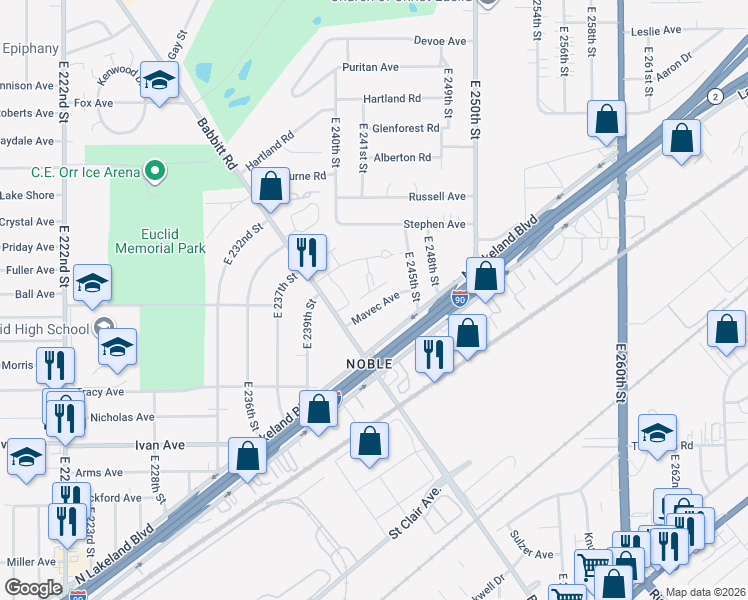 map of restaurants, bars, coffee shops, grocery stores, and more near 24420 Mavec Avenue in Euclid
