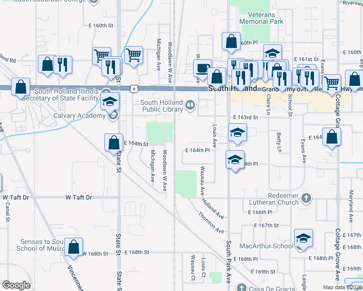 map of restaurants, bars, coffee shops, grocery stores, and more near 16448 Wausau Court in South Holland