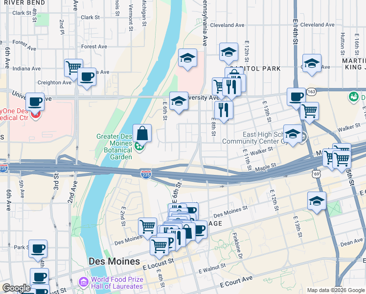 map of restaurants, bars, coffee shops, grocery stores, and more near 700 Walker Street in Des Moines