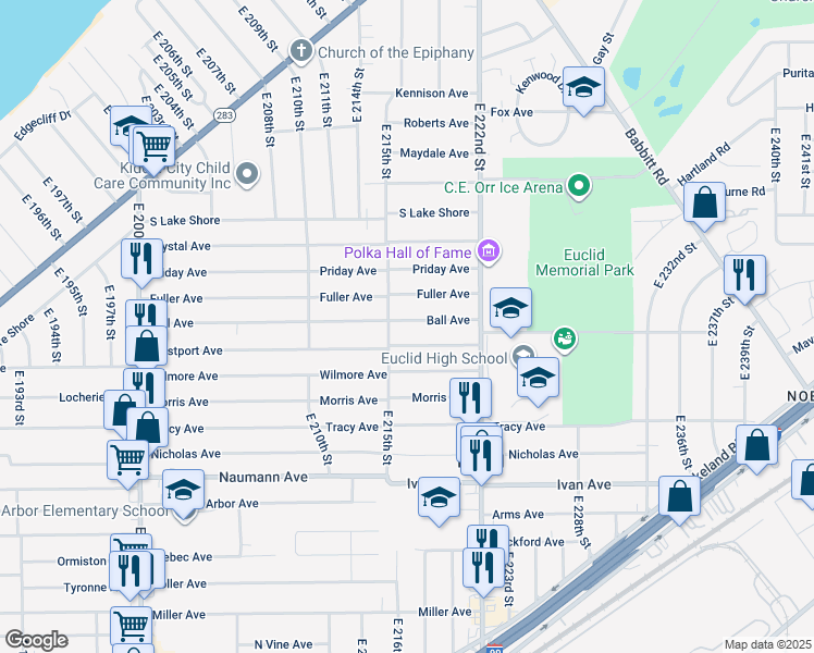 map of restaurants, bars, coffee shops, grocery stores, and more near 21670 Ball Avenue in Euclid