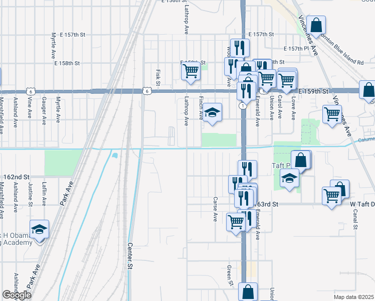 map of restaurants, bars, coffee shops, grocery stores, and more near 16100 Lathrop Avenue in Harvey