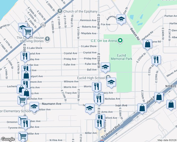 map of restaurants, bars, coffee shops, grocery stores, and more near 21971 Westport Avenue in Euclid