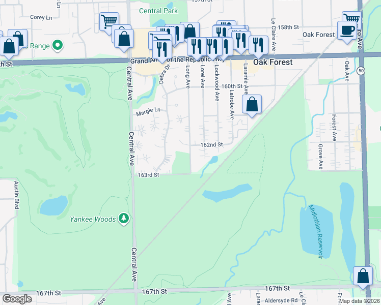 map of restaurants, bars, coffee shops, grocery stores, and more near 16210 Long Avenue in Oak Forest