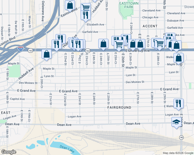map of restaurants, bars, coffee shops, grocery stores, and more near 618 East 24th Street in Des Moines