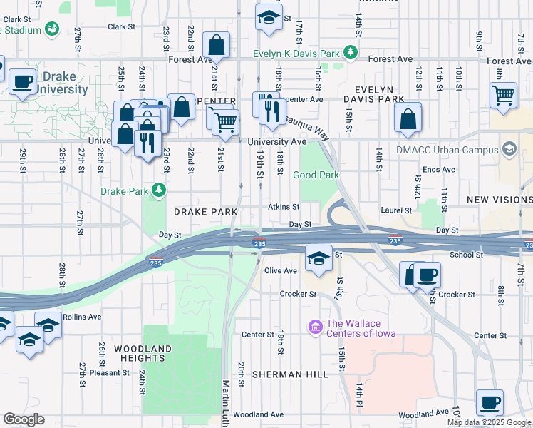 map of restaurants, bars, coffee shops, grocery stores, and more near 1039 19th Street in Des Moines