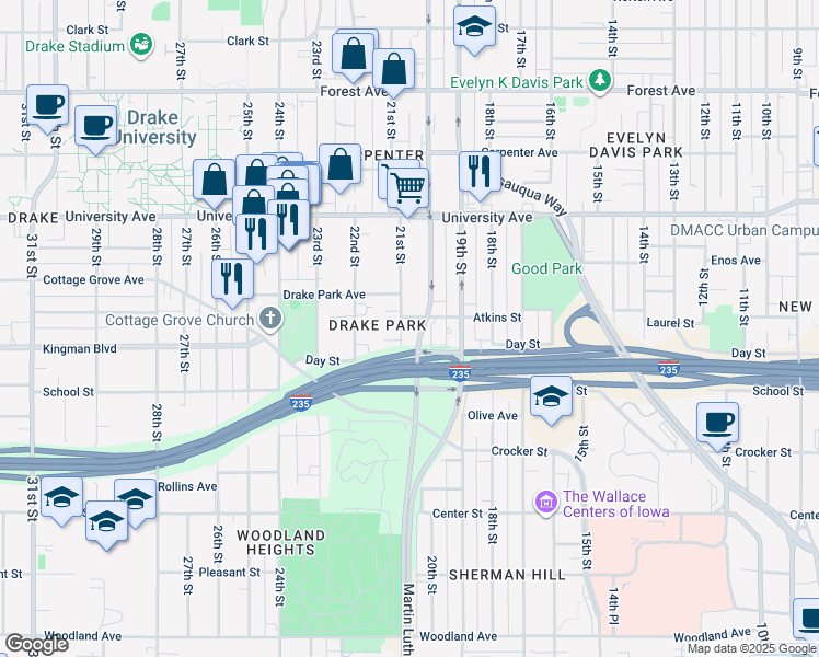 map of restaurants, bars, coffee shops, grocery stores, and more near 1040 21st Street in Des Moines