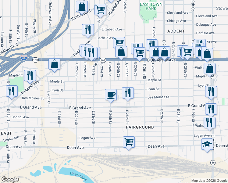 map of restaurants, bars, coffee shops, grocery stores, and more near 618 East 24th Street in Des Moines