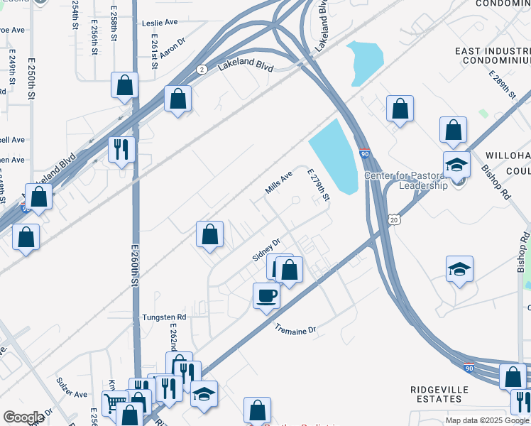 map of restaurants, bars, coffee shops, grocery stores, and more near 1300 East 276th Street in Euclid