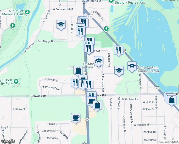 map of restaurants, bars, coffee shops, grocery stores, and more near 15719 Division Street in Plainfield