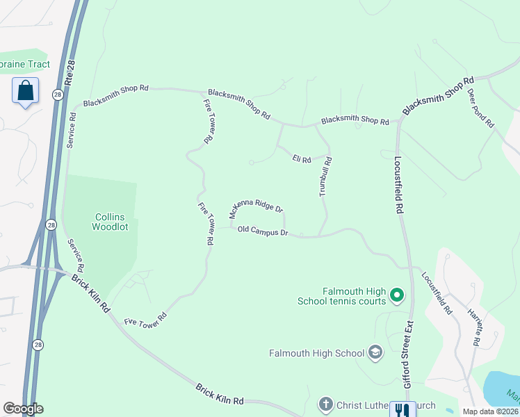 map of restaurants, bars, coffee shops, grocery stores, and more near 133 Old Campus Drive in Falmouth