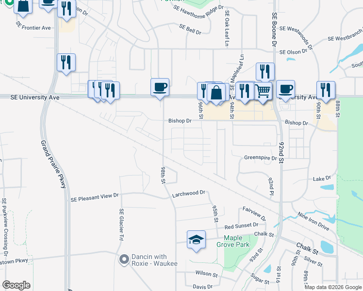 map of restaurants, bars, coffee shops, grocery stores, and more near 9696 Crestview Drive in West Des Moines