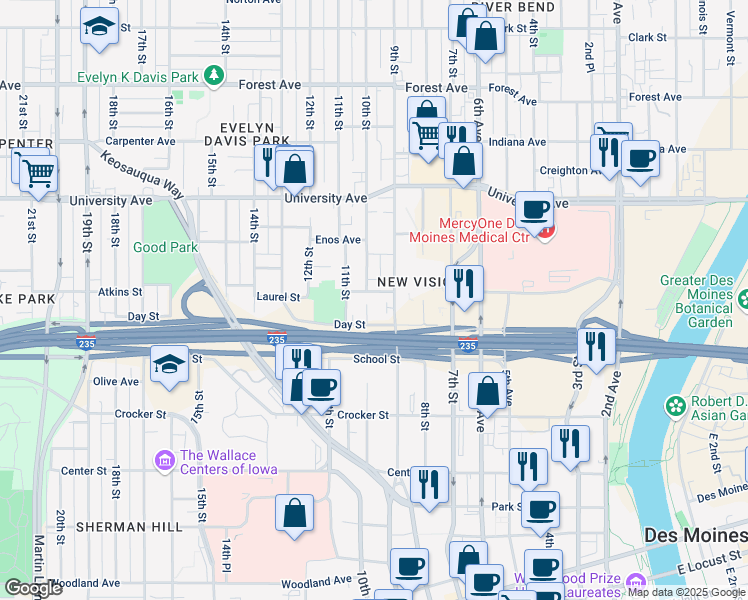 map of restaurants, bars, coffee shops, grocery stores, and more near 1020 9th Street in Des Moines