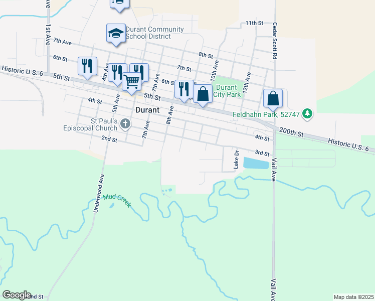 map of restaurants, bars, coffee shops, grocery stores, and more near 201 9th Avenue in Durant