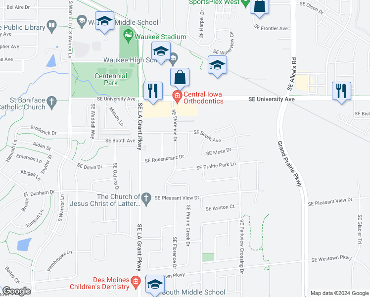 map of restaurants, bars, coffee shops, grocery stores, and more near 1460 Southeast Rosenkranz Drive in Waukee