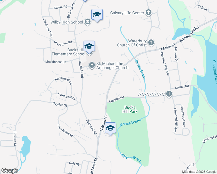 map of restaurants, bars, coffee shops, grocery stores, and more near 2969 North Main Street in Waterbury