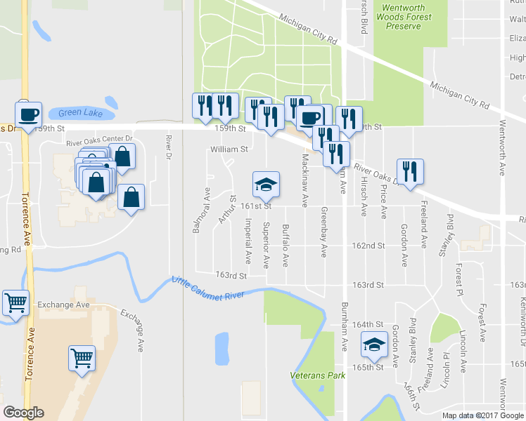 map of restaurants, bars, coffee shops, grocery stores, and more near 801 161st Street in Calumet City