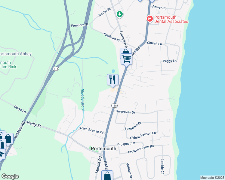 map of restaurants, bars, coffee shops, grocery stores, and more near 2456 East Main Road in Portsmouth