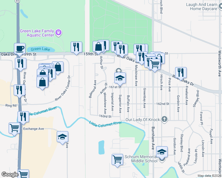 map of restaurants, bars, coffee shops, grocery stores, and more near 1329 Woodview Avenue in Calumet City