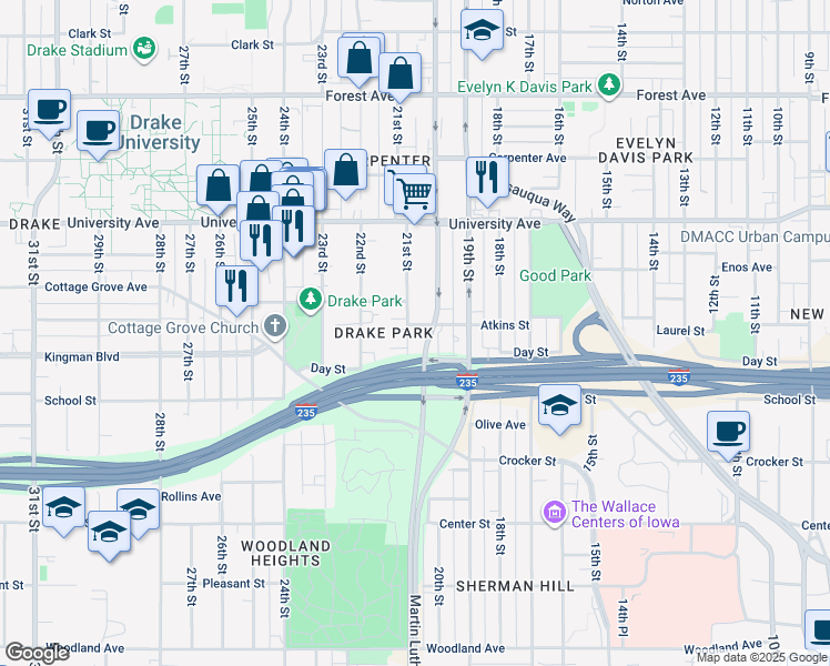 map of restaurants, bars, coffee shops, grocery stores, and more near 1065 21st Street in Des Moines