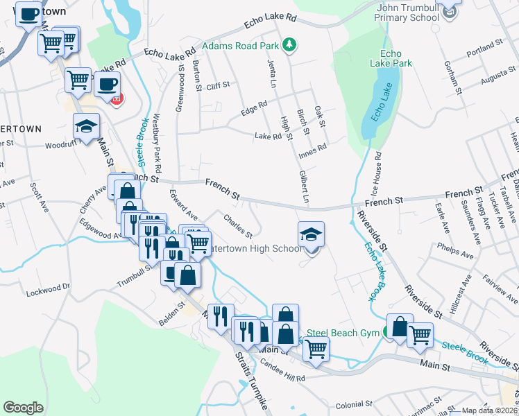 map of restaurants, bars, coffee shops, grocery stores, and more near 102 Charles Street in Watertown