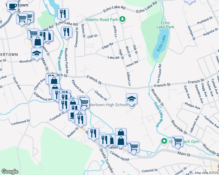 map of restaurants, bars, coffee shops, grocery stores, and more near 121 Charles Street in Watertown