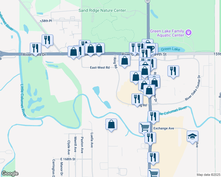 map of restaurants, bars, coffee shops, grocery stores, and more near 1350 Ring Road in Calumet City