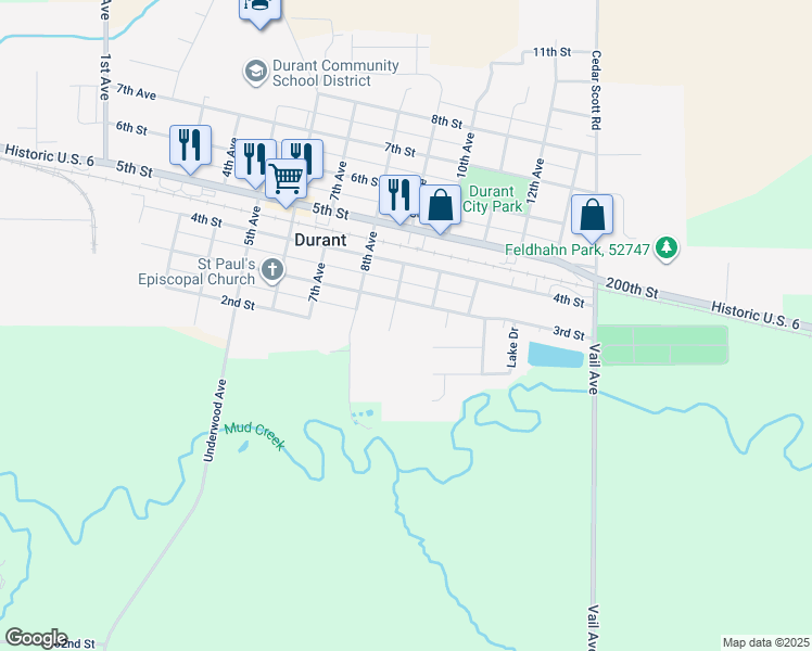 map of restaurants, bars, coffee shops, grocery stores, and more near 201 9th Avenue in Durant