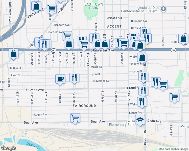 map of restaurants, bars, coffee shops, grocery stores, and more near 2617 Des Moines Street in Des Moines