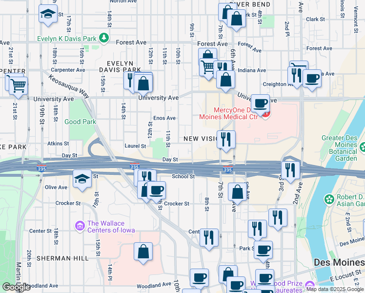 map of restaurants, bars, coffee shops, grocery stores, and more near 1020 9th Street in Des Moines