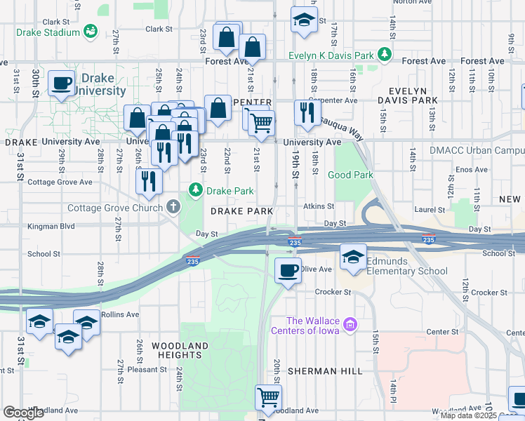 map of restaurants, bars, coffee shops, grocery stores, and more near 1040 21st Street in Des Moines