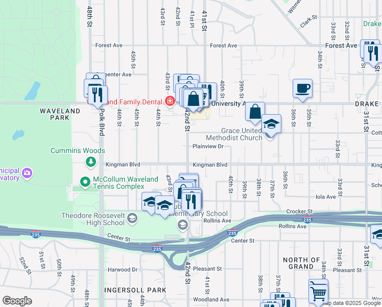 map of restaurants, bars, coffee shops, grocery stores, and more near 4120 Kingman Boulevard in Des Moines
