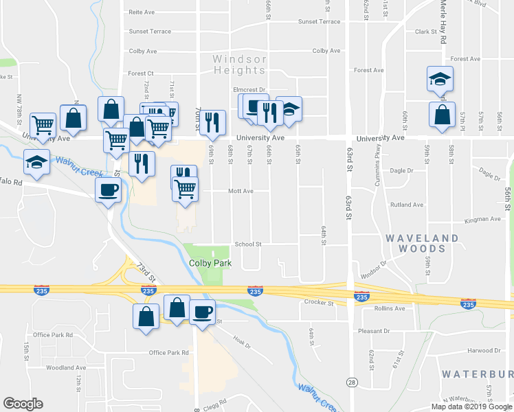 map of restaurants, bars, coffee shops, grocery stores, and more near 1019 67th Street in Windsor Heights