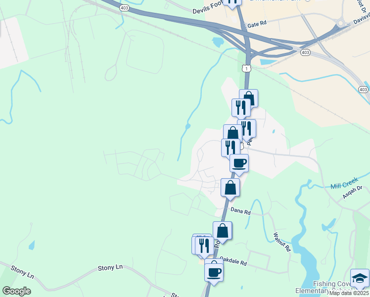 map of restaurants, bars, coffee shops, grocery stores, and more near 7335 Post Road in North Kingstown
