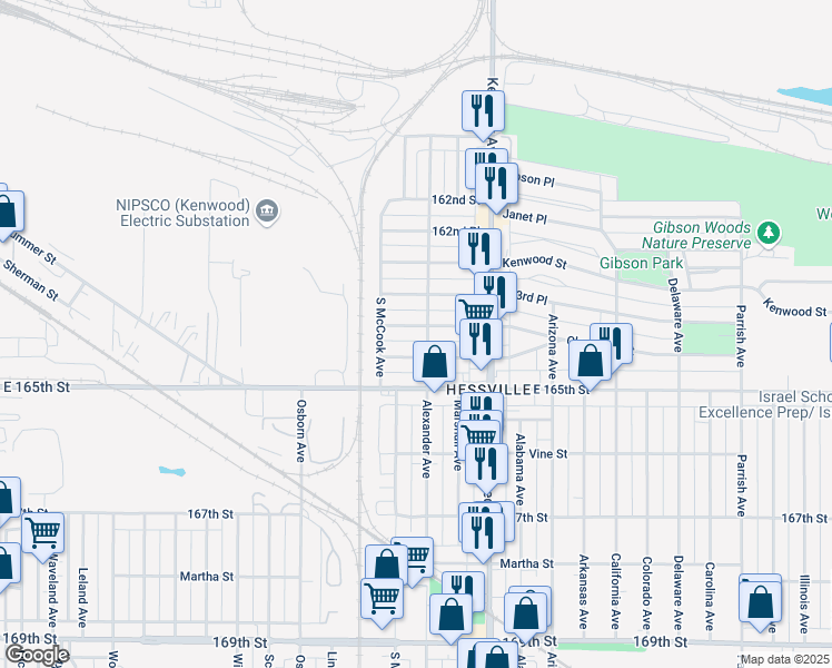 map of restaurants, bars, coffee shops, grocery stores, and more near 2636 164th Place in Hammond