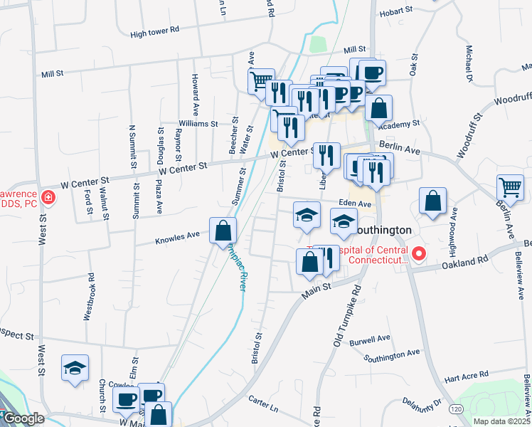 map of restaurants, bars, coffee shops, grocery stores, and more near 27 Railroad Avenue in Southington
