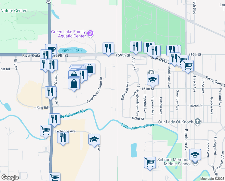map of restaurants, bars, coffee shops, grocery stores, and more near 1322 River Drive in Calumet City