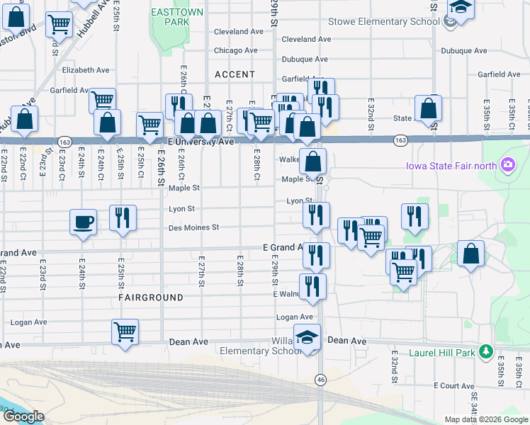 map of restaurants, bars, coffee shops, grocery stores, and more near 2901 Des Moines Street in Des Moines