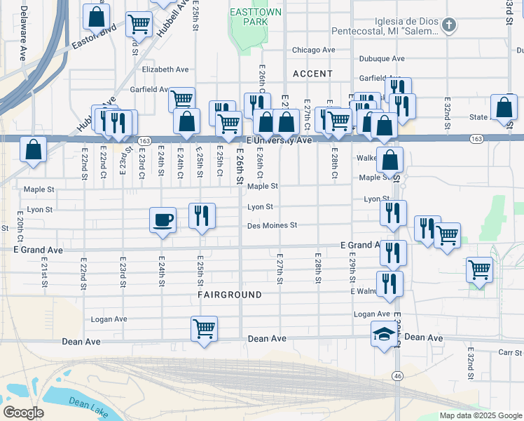 map of restaurants, bars, coffee shops, grocery stores, and more near 2617 Des Moines Street in Des Moines