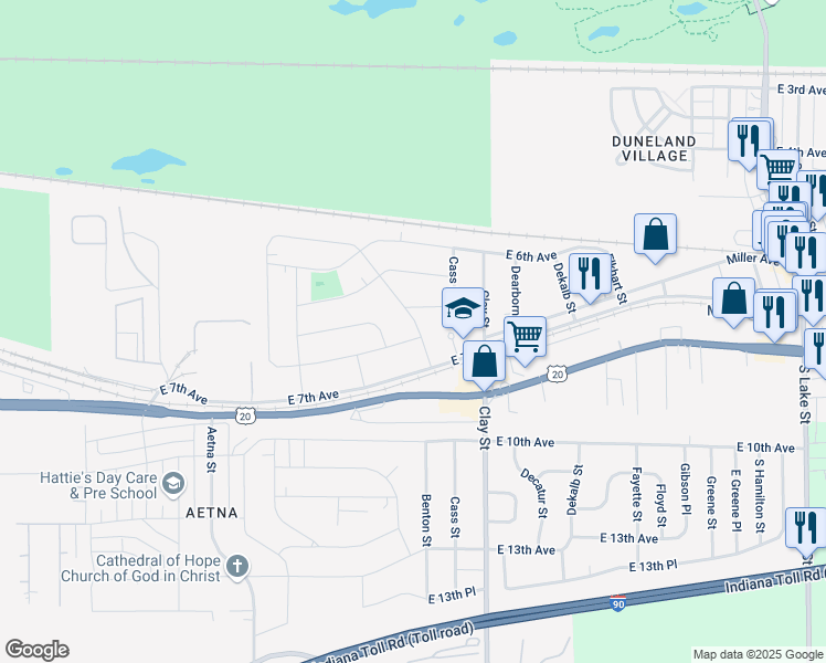 map of restaurants, bars, coffee shops, grocery stores, and more near 4513 Miller Ave in Gary