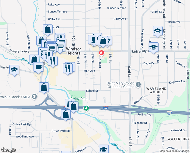 map of restaurants, bars, coffee shops, grocery stores, and more near 1035 67th Street in Windsor Heights