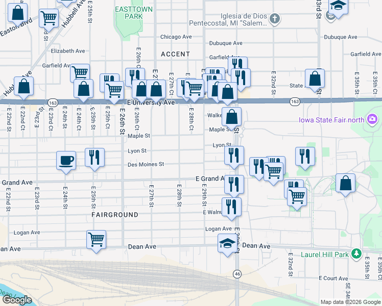 map of restaurants, bars, coffee shops, grocery stores, and more near 2821 Lyon Street in Des Moines