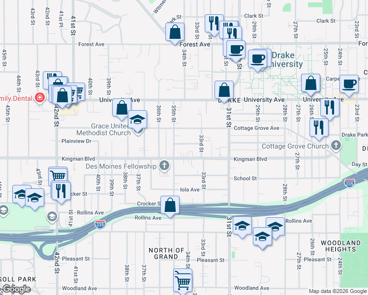 map of restaurants, bars, coffee shops, grocery stores, and more near 3113 Cottage Grove Avenue in Des Moines