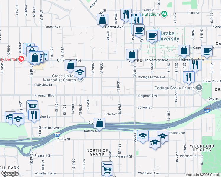 map of restaurants, bars, coffee shops, grocery stores, and more near 3113 Cottage Grove Avenue in Des Moines