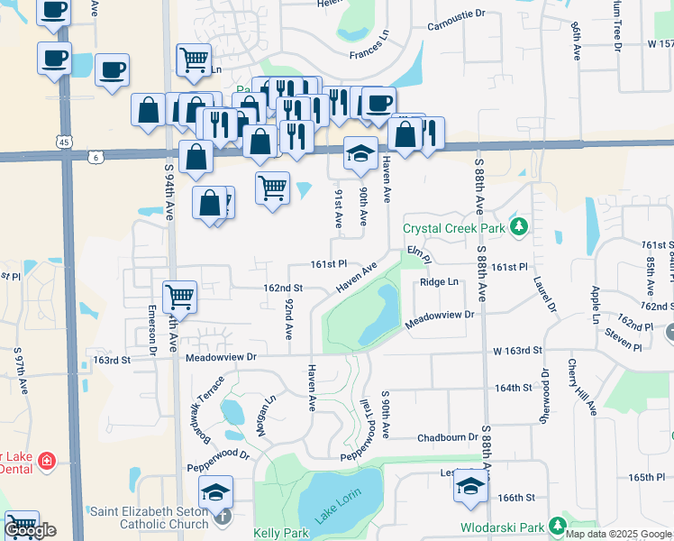 map of restaurants, bars, coffee shops, grocery stores, and more near 9087 161st Place in Orland Hills