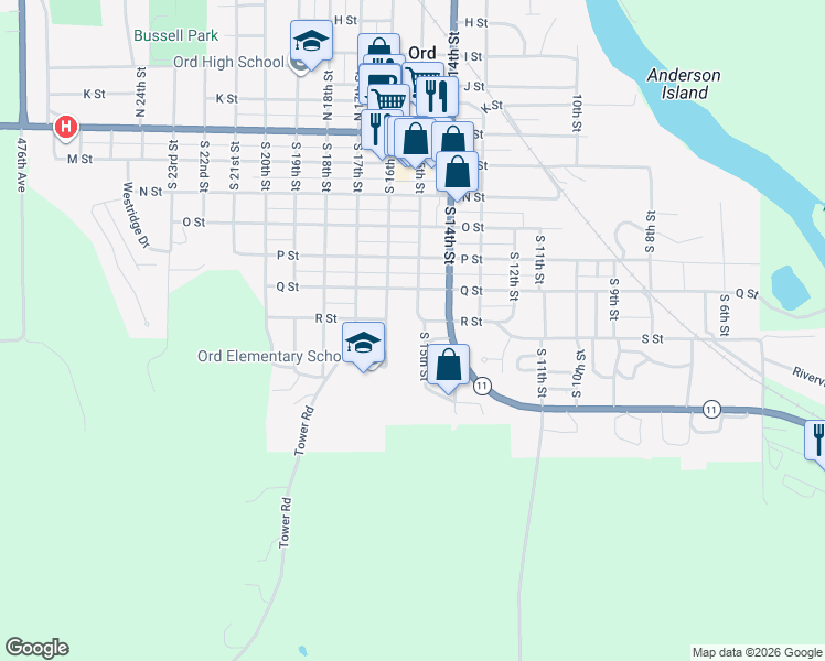 map of restaurants, bars, coffee shops, grocery stores, and more near 741 South 15th Street in Ord