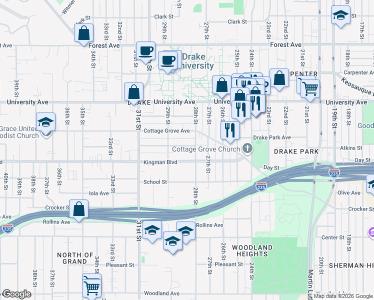 map of restaurants, bars, coffee shops, grocery stores, and more near 2823 Rutland Avenue in Des Moines