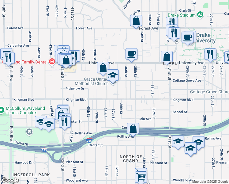 map of restaurants, bars, coffee shops, grocery stores, and more near 3700 Cottage Grove Avenue in Des Moines
