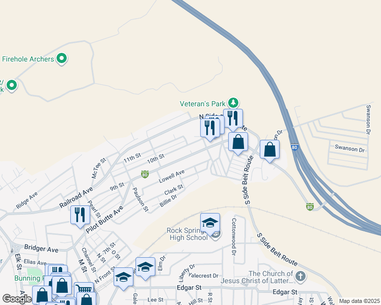 map of restaurants, bars, coffee shops, grocery stores, and more near 1414-1416 10th St in Rock Springs