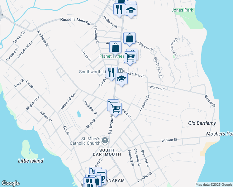 map of restaurants, bars, coffee shops, grocery stores, and more near 747 Dartmouth Street in Dartmouth